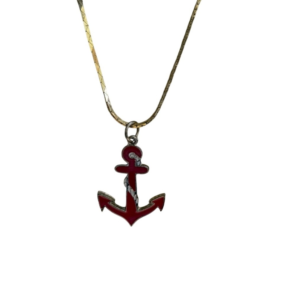 Red Enamel Anchor Pendant Necklace Gold Tone Herringbone Chain Nautical Coastal